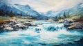 Blue River And Snowy Mountains Realistic Impressionism Painting