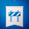 Blue Road barrier icon isolated on blue background. Symbol of restricted area which are in under construction processes