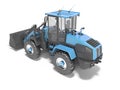 Blue road frontal loader perspective 3D rendering on white background with shadow