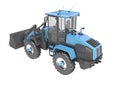 Blue road frontal loader perspective 3D rendering on white background no shadow