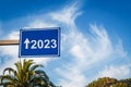 2023 blue road sign with cloudy blue sky. New year concept and background Royalty Free Stock Photo