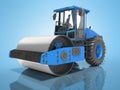 Blue road vibratory roller for laying asphalt on the road 3D rendering on blue background with shadow