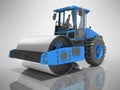Blue road vibratory roller for laying asphalt on the road 3D rendering on gray background with shadow