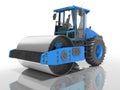 Blue road vibratory roller for laying asphalt on the road 3D rendering on white background with shadow