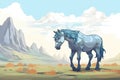 a blue roan horse peacefully grazing with a mountain backdrop