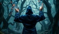 Blue Robe Wizard With Raised Hands In Mystical Forest Setting Lit By Sparkling Magic Royalty Free Stock Photo