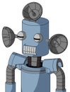 Blue Robot With Cylinder Head And Teeth Mouth And Two Eyes And Radar Dish Hat