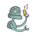 Blue Robot Listening To Little Bird Sing Cartoon Outlined Illustration With Cute Android And His Emotions Royalty Free Stock Photo