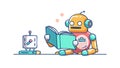Blue Robot Reading Book with Illuminated Lamp - Smart Learning, vector design Generative AI Royalty Free Stock Photo