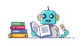 Blue Robot Reading Book with Stack of Knowledge - Educational Tech, vector design Generative AI Royalty Free Stock Photo