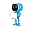 Blue robotic assistant or artificial intelligence robot with empty screen tablet Royalty Free Stock Photo