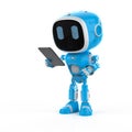 Blue robotic assistant or artificial intelligence robot with tablet