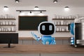 Blue robotic assistant or artificial intelligence robot work in cafe