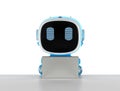 Blue robotic assistant or artificial intelligence robot work with laptop
