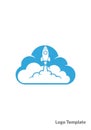 Blue rocket launching from stylized white clouds, depicted in a minimalist design. The Royalty Free Stock Photo