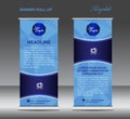 Blue Roll up banner template vector, polygon background , roll u