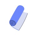 Blue rolled up yoga mat. Rubber pilates carpet. Meditation floor pad. Rug scroll, matt roller icon. Sport equipment, gym