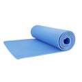 Blue Rolled Yoga Mat Isolated On White Background. Realistic 3D Render