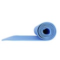 Blue Rolled Yoga Mat Isolated On White Background. Realistic 3D Render