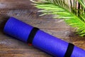 Blue rolled yoga mat lying on wooden background with green palm leaf. Fitness harmony meditation workout retreat concept