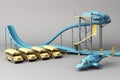 Blue Roller coaster in Amusement parks surrounding by a lot of colorful toys