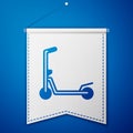 Blue Roller scooter for children icon isolated on blue background. Kick scooter or balance bike. White pennant template Royalty Free Stock Photo