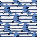 Blue roller shoes seamless pattern. Doodle sporty elements on stripped background with white lines