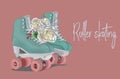 Blue roller skates decorated with roses on pink background. Sport poster.