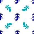 Blue Roman army helmet icon isolated seamless pattern on white background. Vector