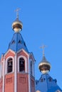 Blue roofs of russian orthodox church against clear blue sky