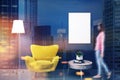 Blue room, yellow armchair, table, poster toned Royalty Free Stock Photo