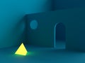 A blue room with a yellow pyramid. 3d render