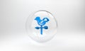 Blue Rooster weather vane icon isolated on grey background. Weathercock sign. Windvane rooster. Glass circle button. 3D