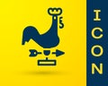 Blue Rooster weather vane icon isolated on yellow background. Weathercock sign. Windvane rooster. Vector