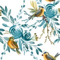 Blue rose and bird seamless pattern. Royalty Free Stock Photo