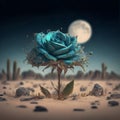 Blue rose with its diamond petals in the cold night desert illuminated by the splendidly bright full moon. Royalty Free Stock Photo