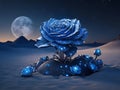 Blue rose with its diamond petals in the cold night desert illuminated by the splendidly bright full moon. Royalty Free Stock Photo