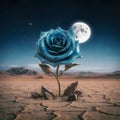 Blue rose with its diamond petals in the cold night desert illuminated by the splendidly bright full moon. Royalty Free Stock Photo