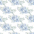 Blue roses and clover flowers watercolor hand drawn seamless pattern illustration