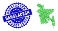 Rosette Textured Stamp and Green Vector Polygonal Bangladesh Map mosaic