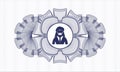 Blue rosette or money style emblem. Vector Illustration. Detailed with woman wearing face mask icon inside