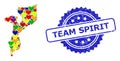 Team Spirit Grunge Badge and Vibrant Lovely Mosaic Map of Mozambique for LGBT