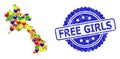 Free Girls Watermark Badge and Bright Lovely Mosaic Map of Laos for LGBT