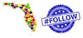 hashtag Follow Rubber Stamp and Colored Lovely Mosaic Map of Florida State for LGBT