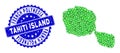 Rosette Rubber Stamp And Green Vector Polygonal Tahiti Island Map mosaic