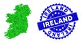 Rosette Textured Seal With Green Vector Triangle Filled Ireland Island Map mosaic