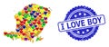 I Love Boy Grunge Badge and Bright Love Mosaic Map of Lombok Island for LGBT