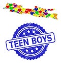 Teen Boys Grunge Badge and Colored Love Mosaic Map of Java Island for LGBT