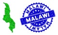 Rosette Textured Seal Imprint with Green Vector Polygonal Malawi Map mosaic