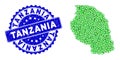 Rosette Textured Stamp Seal with Green Vector Lowpoly Tanzania Map mosaic